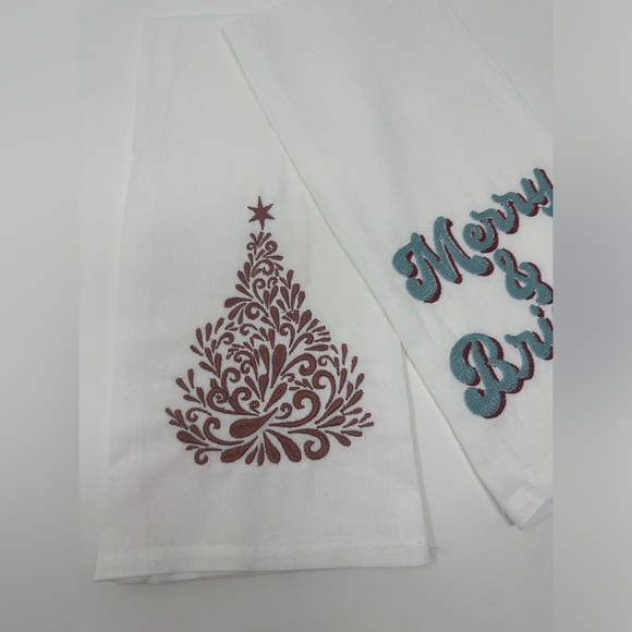 Festive Embroidered Kitchen Towels - White Christmas Tree “Merry & Bright” set - Picture 4 of 5